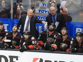 Anaheim Ducks coach Randy Carlyle shouts from the bench during Game 1 of the Western Conference final at the Honda Center on May 12, 2017 in Anaheim. (Sean M. Haffey/Getty Images)