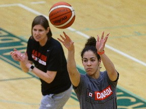 Kia Nurse (right) participates in the Canadian women's national basketball team assessment camp held at the Saville Community Sports Centre in Edmonton on Saturday May 13, 2017.