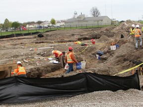 An archaeological dig has been underway at the site of Point Edward's new splash pad at Waterfront Park. Construction work at the site recently turned up several artifacts believed to be about 3,000 years old. The archaeological dig, coupled with the discovery of a killdeer nest, has delayed construction work for the close to $800,000 park project. Tyler Kula/Sarnia Observer/Postmedia Network