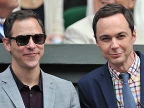 Jim Parsons (R) and Todd Spiewak. (GLYN KIRK/AFP/Getty Images)