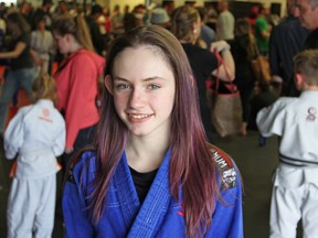 Sadie Augustyn, 15, at the fun Kids Jiu Jitsu Tournament to raise money for Epilepsy South Eastern Ontario on Saturday at Hayabusa Academy. Augustyn was diagnosed with epilepsy five years ago. (Steph Crosier/The Whig-Standard)