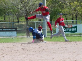 Toronto’s Connor Lewis slides in safely yesterday against Brantford’s Benjamin Bostock. Erin Riley