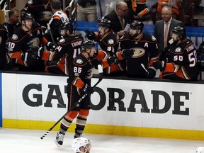 Ducks' Ondrej Kase (86) celebrates with his teammates after scoring a goal against the Predators during the second period of Game 2 of the NHL's Western Conference final in Anaheim, Calif., on Sunday, May 14, 2017. (AP Photo/Chris Carlson)