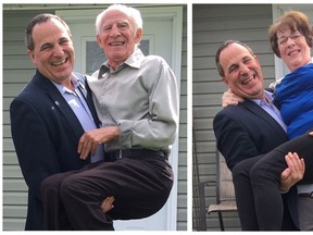 Nickel Belt MPP Marc Serre 'lifts' his parents, Mr. and Mrs. Gaeten Serre as part of the Giving a Lift for ALS’ campaign.