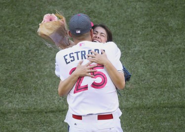 TORONTO, ON - MAY 14: Marco Estrada #25 of the Toronto Blue Jays hugs his mother Mariza Estrada after she threw out the first pitch before the start of MLB game action against the Seattle Mariners at Rogers Centre on May 14, 2017 in Toronto, Canada. (Photo by Tom Szczerbowski/Getty Images)
