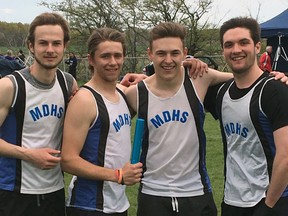 The Mitchell District High School (MDHS) senior boys 4x100-metre relay team won the gold medal at the Huron-Perth track and field meet last Tuesday, May 9 in Clinton. The team of James Cooper (left), Cody Pauli, Quaid Austin and Nick Jung completed the race in 46-seconds, and will advance to the WOSSAA track and field championships later this week in London. SUBMITTED