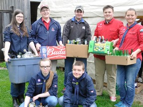 The 1st Mitchell Scouting organization’s Venturers and Scouts held their 5th annual bottle and battery drive May 6, raising funds for their group’s individuals to go to various camps this July. The Venturers (age 14-18) hold some bottles they collected which will help defray the $1,900 cost they each need to raise to go to Denmark in late July. Pictured are (back row, left): Brittany Nutt, Brayden Bell (of Stratford), Brandon Rice, David Johnston (of Stratford) and Scouter Vicky Clarke, and in front are Kez Wolfkamp (left) and Alex Clarke. The two Stratford Venturers joined the Mitchell quartet specifically to attend the international jamboree. ANDY BADER/MITCHELL ADVOCATE