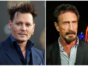 In this combination photo, actor Johnny Depp, left, appears at the premiere of "Alice Through the Looking Glass" on May 23, 2016, in Los Angeles. and anti-virus software founder John McAfee appears in the South Beach area of Miami Beach, Fla., on Dec 12, 2012 after being deported from Guatemala, where he had sought refuge to evade police questioning in the killing of a man in neighboring Belize. Depp is set to star in “King of the Jungle,” a dark comedy about McAfee, the eccentric inventor of McAfee Antivirus software. Condé Nast Entertainment said Sunday, May 14, 2017, that the story is based on a Wired magazine article about the tech titan who left the business to live an isolated existence in the Belize jungle. (AP Photo/Alan Diaz, right, and Richard Shotwell/Invision/AP, File)