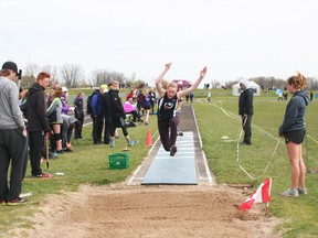 Amy Gras hops, skips and jumps in triple jump at the Huron Perth track championships on May 9 and 10 at St. Anne’s. High schools from all over the two counties attended the event, and the top six competitors in each category will advance to WOSSAA on May 18 and 19. St. Anne’s was awarded "overall champion" at the event, with numerous students moving on to WOSSAA.