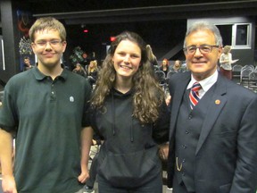 From left, Grade 10 students Conor Vermeiren and Jewel Boerkamp are shown with Senator Michael MacDonald, a Conservative from Nova Scotia, before he spoke to students at St. Patrick's Catholic High School Monday May 15, 2017 during a visit to the Sarnia school.
(Paul Morden/Sarnia Observer/Postmedia Network)