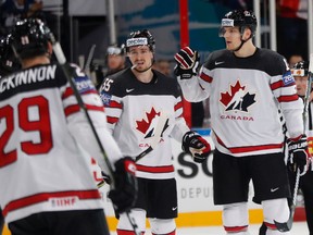 Canada's Colton Parayko, right, celebrates with teammates after scoring a goal during an Ice Hockey World Championships Group B match between Canada and Norway in the AccorHotels Arena in Paris on May 15, 2017. (AP Photo/Petr David Josek)