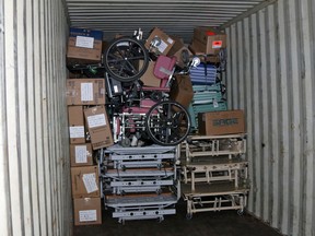 Faye Timbers/Christian Blind Mission
Medical equipment, including wheelchairs donated by Belleville's Royal Canadian Legion Branch 99, await shipping in a container sent to Malawi by Christian Blind Mission Sunday, December 6, 2015. Branch president Andy Anderson said liability concerns expressed by the Legion's Ontario Command resulted in the end of the branch's equipment loan program. All equipment was then donated to Christian Blind Mission.