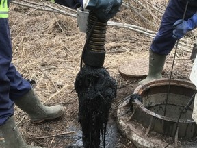 Town workers had to unblock a 30-inch sewer line that was 95 per cent blocked in part due to people flushing objects down the toilet that they shouldn’t be. Fixing the blockage will cost the town $60,000 (Submitted photo | Town of Whitecourt).