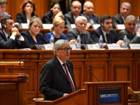 Jean-Claude Juncker, the president of the European Commission delivers his speech in front of the Romanian Parliament backdropped by members of Romanian government in Bucharest on May 11, 2017. (DANIEL MIHAILESCU/AFP/Getty Images)