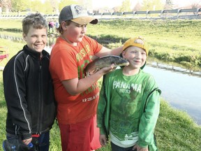 From the left, Ethan Govier, 10, smiles while Joey Clarke, 12, jokes with eight-year-old, Mick Clarke. The three caught a carp at the Seaforth Lions Annual Children’s Trout Derby, however it was not legitimate for the tournament rules. (Shaun Gregory/Huron Expositor)