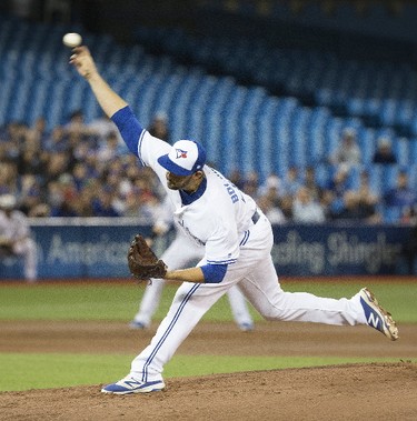 Blue Jays' starting pitcher Mike Bollinger on the mound as the Toronto Blue Jays host the Atlanta Braves in Toronto, Ont. on Monday May 15, 2017. Stan Behal/Toronto Sun/Postmedia Network