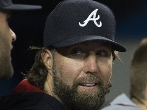 Atlanta Braves' pitcher R.A. Dickey on the bench as the Toronto Blue Jays host the Atlanta Braves in Toronto, Ont. on Monday May 15, 2017. Stan Behal/Toronto Sun