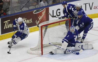 Syracuse's Adam Earne fails to score on Kasmmir  Kaskisuo in Game 6 of their playoff round Toronto Marlies down 3 games to 2 and host the Syracuse Crunch in AHL playoff actioni n Toronto on Monday May 15, 2017. Michael Peake/Toronto Sun/Postmedia Network