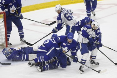 Big pileup in front of Toronto goalie Kasmmir  Kaskisuo in Game 6 of their playoff round Toronto Marlies down 3 games to 2 and host the Syracuse Crunch in AHL playoff actioni n Toronto on Monday May 15, 2017. Michael Peake/Toronto Sun/Postmedia Network