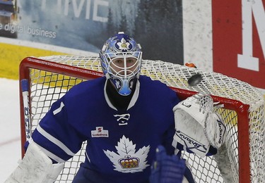Toronto goalie Kasmmir Kaskisuo watches a puck in Game 6 of their playoff round. Toronto Marlies beat the Syracuse Crunch 2-1 in AHL playoff action in Toronto on Monday May 15, 2017. Michael Peake/Toronto Sun/Postmedia Network