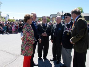 Princess Margriet and husband Professor Pieter van Vollenhoven were greeted and welcomed to Goderich, by Mayor Kevin Morrison, Jim Rutledge, Veteran William Anderson and Sid Bruinsma.