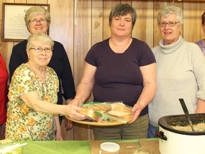 Lucknow & District Horticultural Society served up soup and sandwiches to raising money for flowers to put around town. The annual fundraiser on Wednesday May 11, 2017 was located at the Lucknow Town Hall where over 100 take out orders were taken and almost 50 people ate in. Pictured: Lucknow Horticultural Society members and volunteers (L-R): Laurie Dalton, Anne Mann, Hannie Scott, Sharon Nivins, Andrea Feeley and Elizabeth Irvin. (Ryan Berry/ Kincardine News and Lucknow Sentinel)