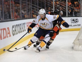 Ryan Johansen of the Nashville Predators protects the puck from Ryan Kesler of the Anaheim Ducks during Game 2 at Honda Center on May 14, 2017. (Sean M. Haffey/Getty Images)