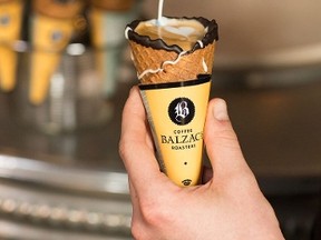Coffee in an ice cream cone is the latest foodie trend offered at Balzac’s Coffee Roasters, which has numerous locations in the GTA. (supplied photo)