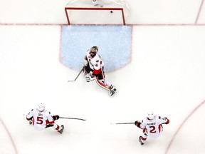 Craig Anderson of the Ottawa Senators reacts after giving up a goal to Phil Kessel of the Pittsburgh Penguins during the third period in Game 2 at PPG Paints Arena on May 15, 2017. (Bruce Bennett/Getty Images)