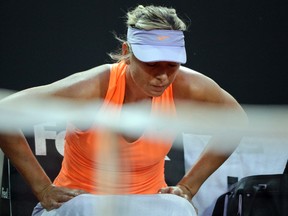 Maria Sharapova of Russia relaxes during a pause of her match against Mirjana Lucic-Baroni of Croatia at the Italian Open tennis tournament in Rome, on May 16, 2017. (AP Photo/Andrew Medichini)