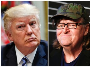This combination photo shows President Donald Trump, left, at the White House in Washington on March 13, 2017 and filmmaker Michael Moore at the 20th Annual Webby Awards in New York on May 16, 2016. Moore has been secretly making a Trump documentary that he has dubbed “Fahrenheit 11/9,” titling it after the day Trump became president-elect. Harvey and Bob Weinstein announced Tuesday, May 16, 2017, that they have secured worldwide rights to the film. (AP Photo/Pablo Martinez Monsivais, left, and Andy Kropa/Invision/AP, File)