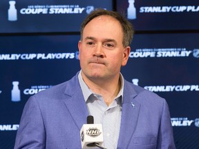 Ottawa Senators GM Pierre Dorion during a press conference before the start of the Eastern Conference finals on May 11, 2017. (Wayne Cuddington/Postmedia)