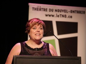TNO artistic director Genevieve Pineault addresses the crowd at the 2017-18 season launch on Tuesday. (Gino Donato/Sudbury Star)
