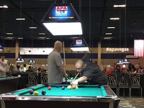 Rene Maurice of Val Caron lines up a shot at the Americal Poolplayer Association 9-Ball Shootout tournament in Las Vegas earlier this month. (Photo supplied)