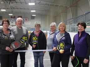 Pickleball at the Lucknow arena is a regular game on Thursday afternoons from 2-3:30pm.  Two dollars will get you on the court and the equipment is provided. L-R:  Laurie Vandyke, Doug Aitchison, Nancy Aitchison, Tracey VanOsch, Mardie Macpherson, Peggy Clark. (Ryan Berry/ Kincardine News and Lucknow Sentinel)