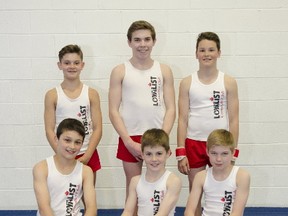 Each of these six Loyalist Gymnastics Club athletes won medals at the Eastern Canadian championships, May 4-8 in Sackville, N.B. Back row, from left: Alexandru Tita, Justin Thompson and Spencer Beaubien; front row, from left: Xavier Olasz, Matteo Bardana and Sam Waller. (The Whig-Standard)