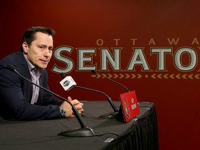 Ottawa Senators head coach Guy Boucher talking to the media during a press conference at Canadian Tire Centre on May 17, 2017. (Tony Caldwell/Postmedia)