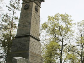 The sandstone monument at Alexander Mackenzie's gravesite is in need of work. Environment Minister Catherine McKenna says, in a letter to Sarnia Mayor Mike Bradley, there's a plan.  (Tyler Kula/Sarnia Observer/Postmedia Network)