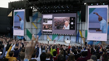 Anil Sabharwal talks about updates to Google Photos during the keynote address of the Google I/O conference, Wednesday, May 17, 2017, in Mountain View, Calif.  (AP Photo/Eric Risberg)