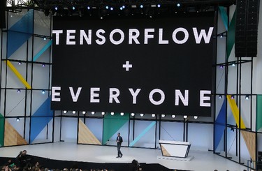 Google CEO Sundar Pichai talks about TensorFlow at the end of his keynote address of the Google I/O conference Wednesday, May 17, 2017, in Mountain View, Calif. (AP Photo/Eric Risberg)