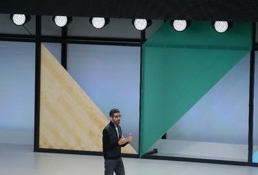 Google CEO Sundar Pichai speaks at the end of his keynote address of the Google I/O conference Wednesday, May 17, 2017, in Mountain View, Calif. (AP Photo/Eric Risberg)