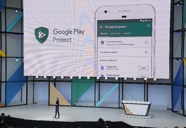 Stephanie Saad Cuthbertson talks about Google Play Protect during the keynote address of the Google I/O conference, Wednesday, May 17, 2017, in Mountain View, Calif. (AP Photo/Eric Risberg)