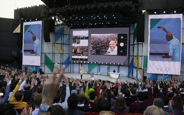 Anil Sabharwal talks about updates to Google Photos during the keynote address of the Google I/O conference, Wednesday, May 17, 2017, in Mountain View, Calif. (AP Photo/Eric Risberg)