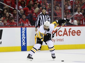 Trevor Daley of the Pittsburgh Penguins takes a shot on goal against the Washington Capitals in Game 2 at Verizon Center on April 29, 2017. (Rob Carr/Getty Images)