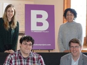 Breakout Project organizers, from left, Kalli Ringelberg, communications assistant, David Peralty, senior technical project manager, Grant Goodwin, CEO, and Natalie Lecomte Elwood, communications lead. (Wade Morris/For The Whig-Standard)