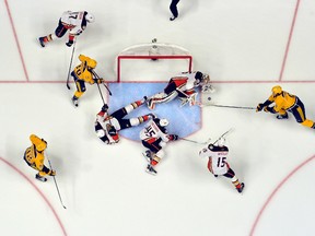 John Gibson of the Anaheim Ducks tends goal against Filip Forsberg of the Nashville Predators during Game 3 at Bridgestone Arena on May 16, 2017. (Frederick Breedon/Getty Images)