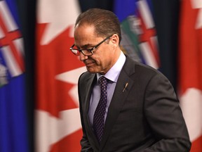 Joe Ceci, President of Treasury Board and Minister of Finance, leaves after speaking about tabling Bill 15, the Tax Statutes Amendment Act during a news conference at the Alberta Legislature in Edmonton, May 17, 2017.