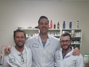 Ryan Bauer, left, Erik Lapointe and Michael Palumbo have launched Aunt Mary's Corp. to prooduce a powered drink mix that can mixed with cannabis oil for medical use. The company is working out of the Propel business incubator at Western University. (Special to The Free Press)