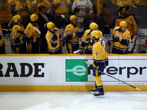 Filip Forsberg of the Nashville Predators celebrates with teammates after scoring a goal against the Anaheim Ducks during Game 3 at Bridgestone Arena on May 16, 2017. (Bruce Bennett/Getty Images)