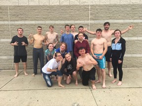 In this Friday, May 12, 2017 photo provided by Melodie Steinhour, students at Barberton High School pose for a photo after getting pepper sprayed in Barberton, Ohio. The students were pepper sprayed as part of a criminal science class and had to get permission from their parents before they participated. (Melody Steinhour via AP)